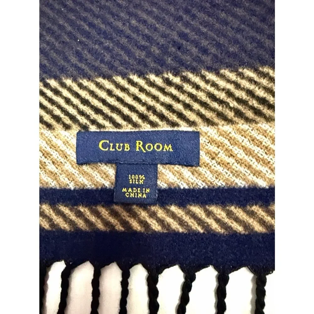 Club Room Silk Scarf Brushed Wool Feel Navy Tan Plaid Fringe Soft Warm 67x12